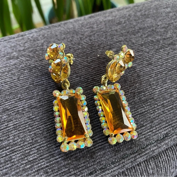 Glamorous Topaz and Aurora Borealis Glass and Rhinestone Drop Earrings Pierced - Picture 4 of 13
